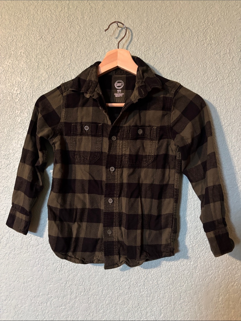 Wonder Nation Boys Olive Green & Black Plaid Button-Up Flannel Shirt Size S 6-7